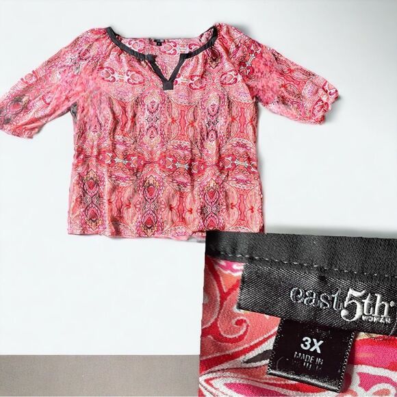 East 5th l Sheer l Tunic Top Blouse l Pink/Red Black Trim l 3/4 Sleeve l 3X EUC - Picture 5 of 11